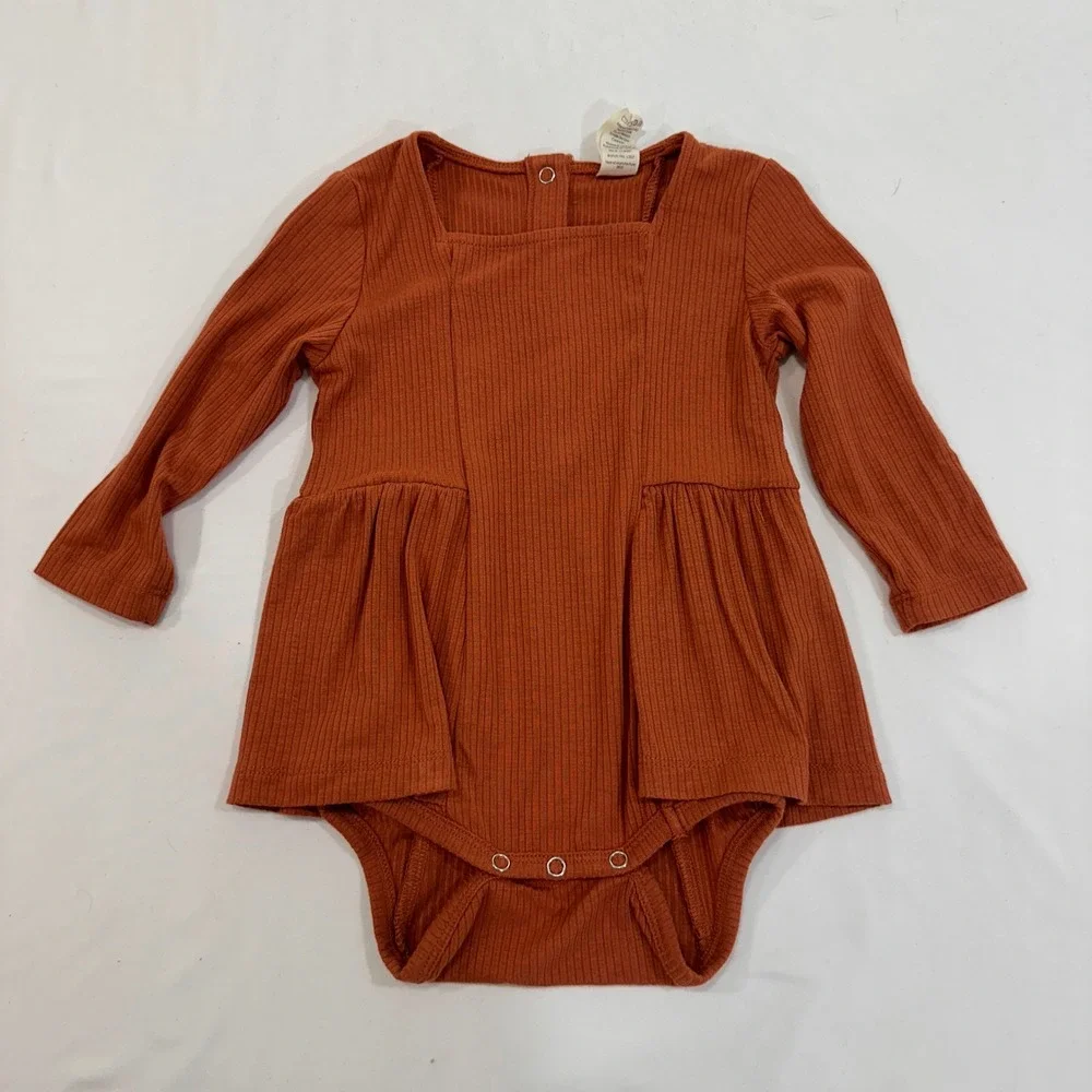 Kate Quinn Ribbed‎ Peplum Bodysuit Baby 12-18M Rust Orange Long Sleeve | Boho